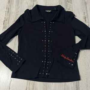 Harley Davidson Black Long Sleeve Collared Shirt  Hook and Eye Closure Size M